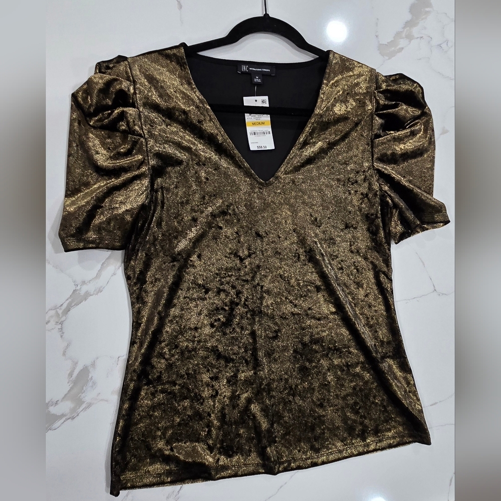 NWT- INC- Gold V-Neck Velvet Blouse